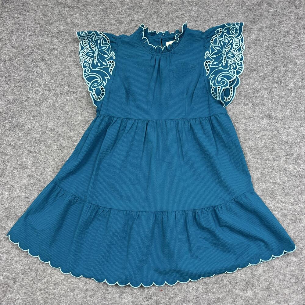 UMGEE Dress Womens M Blue Trapeze & Swing Short High Neck Flutter Sleeve